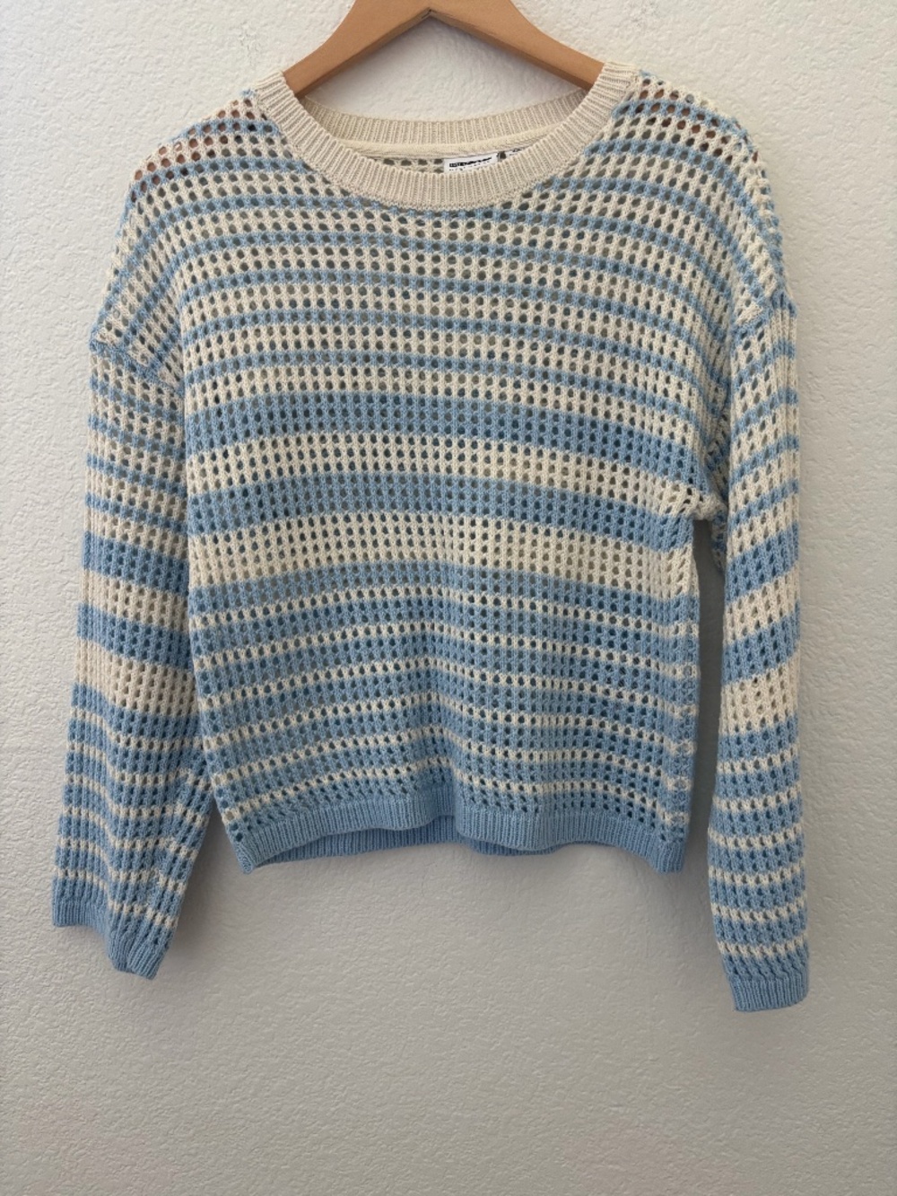Noisy May light blue and white striped open knit crewneck sweater Size Medium